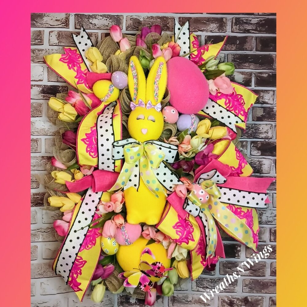Easter Wreath for Front Door, Flocked Bunny Wreath, Easter decoration, Spring
